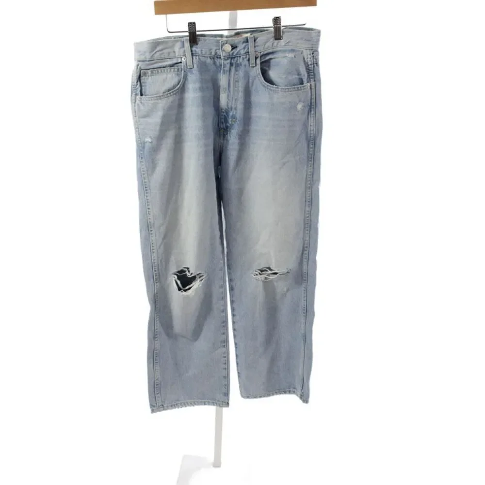 Amo Women Straight Jeans Blue Distressed Cotton Mid Rise Button Size 29